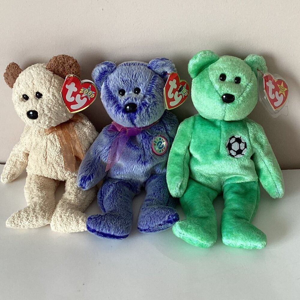 Ty Beanie Babies Baby The Blue Bear Periwinkle Huggy The Bear Kicks Green Soccer